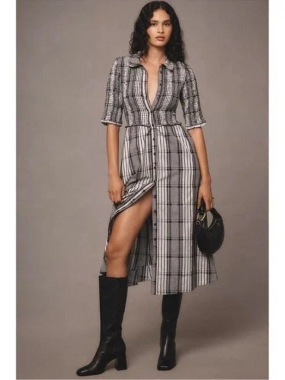 Anthropologie Maeve Short-Sleeve Smocked Plaid Midi Shirtdress Black White